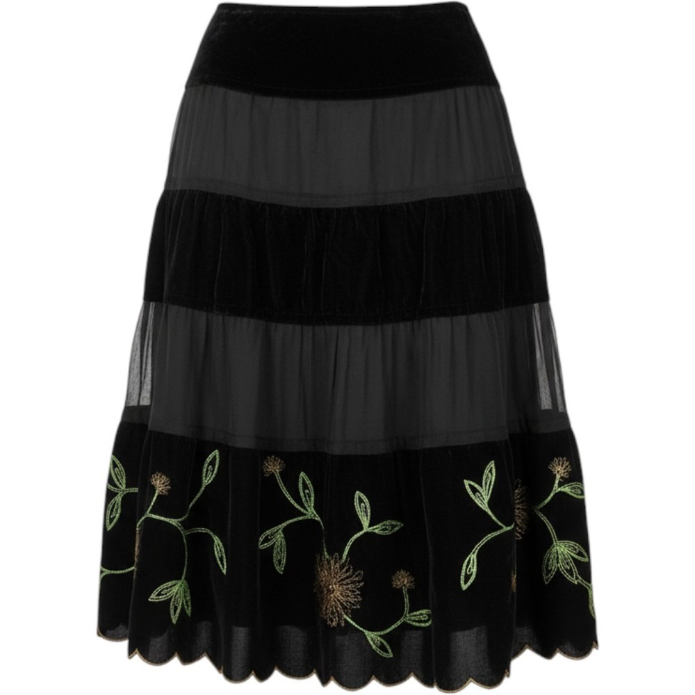 Anne Carson Black Velvet Silk Tiered Midi Skirt Floral Embroidered Scallop Sz 6